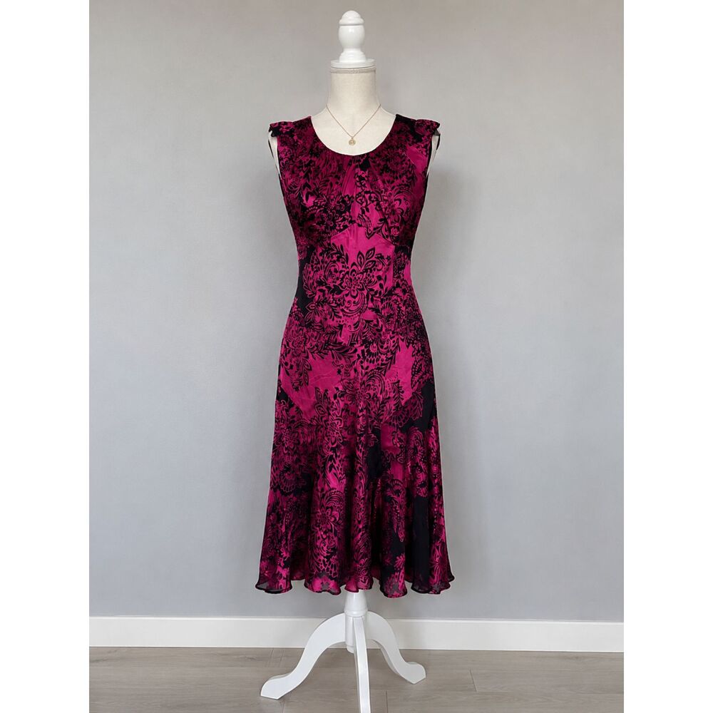 Vintage Phase Eight Silk Blend Flocked Midi Dress UK 16 US 12 Pink Black - Picture 2 of 8